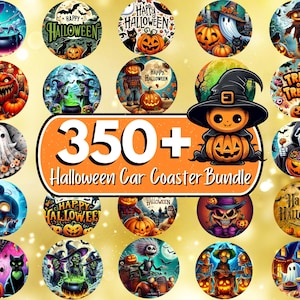 Könnte beinhalten: Eine Sammlung von Halloween-Autountersetzern. Die Untersetzer zeigen verschiedene gruselige Designs, darunter Kürbisse, Geister, Skelette und Hexen. Der Text "350+ Halloween Car Coaster Bundle" ist in der Mitte zu sehen.