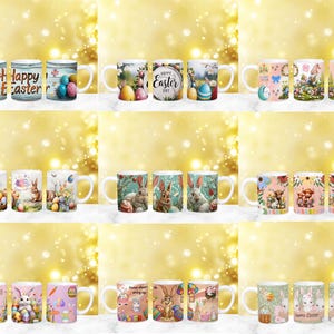 May include: Set of 10 white ceramic mugs with various Easter-themed designs. The designs include bunnies, eggs, flowers, and the words "Happy Easter".