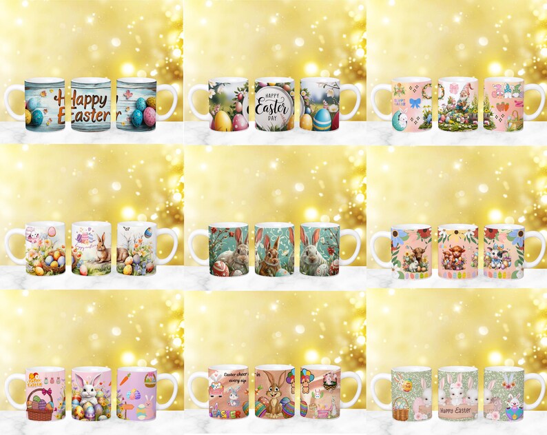 May include: Set of 10 white ceramic mugs with various Easter-themed designs. The designs include bunnies, eggs, flowers, and the words "Happy Easter".