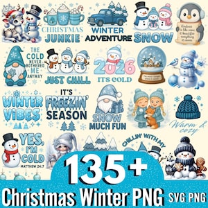 Op de afbeelding: Een verzameling digitale afbeeldingen met kerst- en winterthema's. De afbeelding bevat verschillende illustraties van sneeuwmannen, kabouters en winterse taferelen, samen met tekst als "Winter Vibes" en "Snow Much Fun". De afbeelding bevat ook de tekst "135+ Christmas Winter PNG SVG PNG".