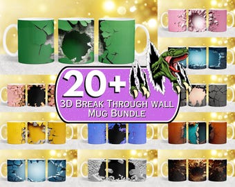 20 + 3D Durchbruch Wandbecher Wrap, gerissene Wandbecher, Loch in einem Wandbecher, Durchbruch Wandbecher, 11 Unzen & 15 Unzen Sublimation, Kaffeebecher Bundle