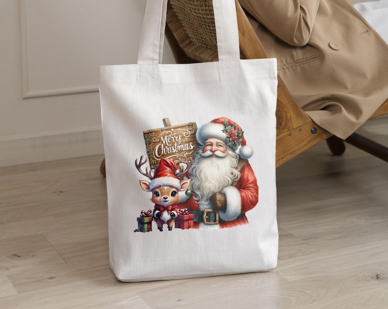 May include: White canvas tote bag with a Christmas design featuring Santa Claus and a reindeer. Santa is holding a sign that says "Merry Christmas".