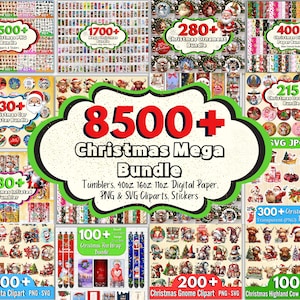 May include: A collage of images showcasing over 8500 Christmas-themed digital clipart, graphics, and paper designs. The images include ornaments, tumblers, coasters, door signs, and more. The text "8500+ Christmas Mega Bundle" is prominently displayed in red.