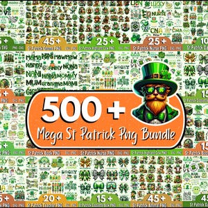 Puede incluir: Un collage de más de 500 gráficos digitales con temática del Día de San Patricio, que incluyen archivos SVG y PNG. Los gráficos presentan varios diseños, como tréboles, duendes y refranes irlandeses. El texto "500+ Mega St Patrick Png Bundle" se muestra en una gran pancarta naranja.