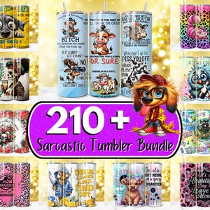 May include: A collection of various 20oz tumblers with humorous and sarcastic designs. The tumblers feature images of animals, skulls, and quotes. The bundle includes a variety of colors and patterns, including leopard print and floral designs.