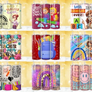 May include: Set of 12 colorful stainless steel tumblers with various teacher-themed designs. The designs include: "Best Teacher Ever", "Teach Love Inspire", "Make Today Great", "Teaching is a Work of Heart", "Every Journey Needs a First Step", "Teacher Vibes", and more.