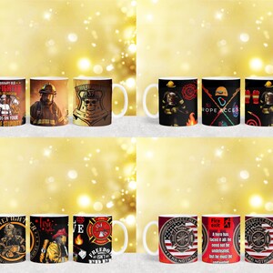 May include: Set of ten ceramic coffee mugs with various firefighter-themed designs. The mugs feature images of firefighters, fire engines, and fire hydrants. Some mugs have text that reads "I'm a grumpy old firefighter", "Fire exit", "Respect fear nothing", "Firefighter", "Rope Access", and "Freedom isn't free".