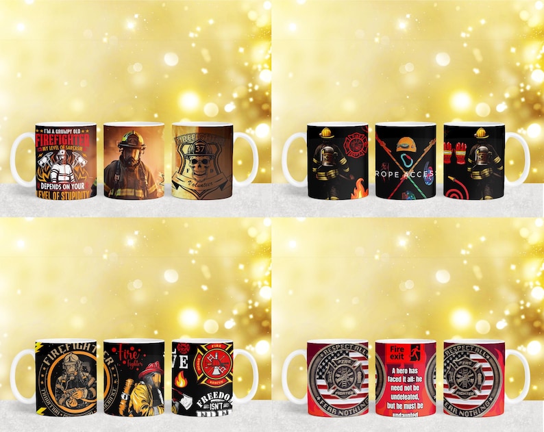 May include: Set of ten ceramic coffee mugs with various firefighter-themed designs. The mugs feature images of firefighters, fire engines, and fire hydrants. Some mugs have text that reads "I'm a grumpy old firefighter", "Fire exit", "Respect fear nothing", "Firefighter", "Rope Access", and "Freedom isn't free".
