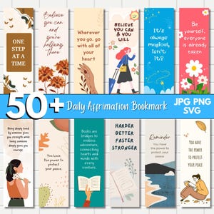 Peut inclure: Ensemble de plus de 50 marque-pages colorés avec des citations inspirantes et des illustrations. Les marque-pages présentent une variété de motifs, notamment des fleurs, des étoiles et des motifs abstraits. Les citations comprennent des affirmations telles que "Crois que tu peux et tu le feras" et "Tu as le pouvoir de protéger ta paix."