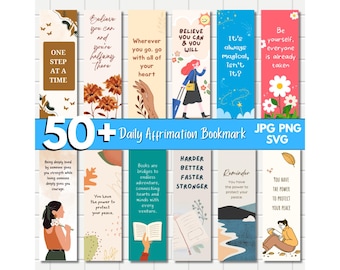 50 + Daily Affirmation Bookmark Design, Quotes Bookmark, Mindful Reader Printable Bookmark, Positive Bookmark Svg, Motivational Bookmark PNG