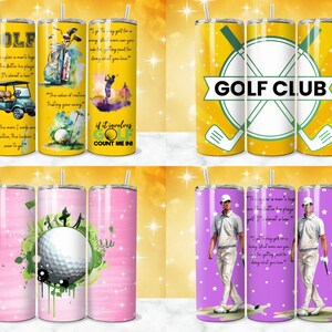 May include: Set of three stainless steel tumblers with various golf-themed designs. One tumbler features a golf cart, golf clubs, and a quote about the game. Another tumbler has a golf club design with the words "GOLF CLUB". The third tumbler features a golf ball with a green and pink abstract design.
