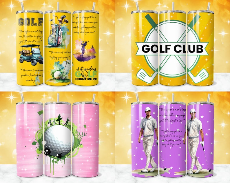 May include: Set of three stainless steel tumblers with various golf-themed designs. One tumbler features a golf cart, golf clubs, and a quote about the game. Another tumbler has a golf club design with the words "GOLF CLUB". The third tumbler features a golf ball with a green and pink abstract design.