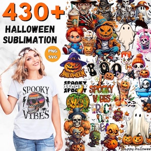 May include: A digital download of 430+ Halloween sublimation designs. The designs feature a variety of spooky and cute characters, including ghosts, pumpkins, skulls, and bats. The designs are perfect for creating personalized Halloween t-shirts, mugs, tote bags, and other crafts.