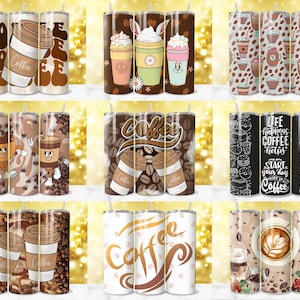 May include: Set of 10 colorful stainless steel tumblers with various coffee-themed designs. The designs include coffee beans, coffee cups, and inspirational quotes about coffee.