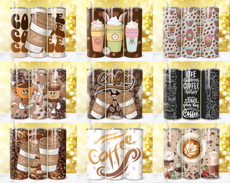 May include: Set of 10 colorful stainless steel tumblers with various coffee-themed designs. The designs include coffee beans, coffee cups, and inspirational quotes about coffee.