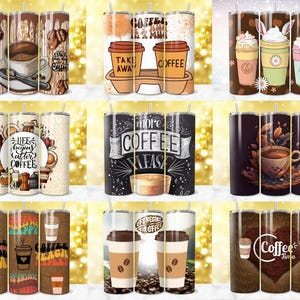 May include: Set of 10 colorful stainless steel tumblers with various coffee-themed designs. The designs include coffee beans, coffee cups, and inspirational quotes about coffee.