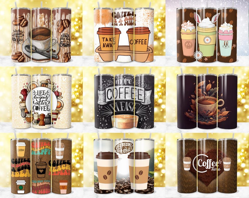 May include: Set of 10 colorful stainless steel tumblers with various coffee-themed designs. The designs include coffee beans, coffee cups, and inspirational quotes about coffee.