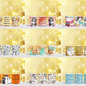 K&ouml;nnte beinhalten: Set mit 10 bunten Keramikbechern mit Katzenillustrationen und Text. Die Becher zeigen verschiedene Katzendesigns, darunter eine Katze mit Krone, eine Katze mit Herz und eine Katze mit Fisch. Der Text auf den Bechern enth&auml;lt Zitate &uuml;ber Katzen, wie "Katzen sind, wie Sie wissen, ziemlich unempf&auml;nglich f&uuml;r Bedrohungen" und "Was gibt es Sch&ouml;neres als die Liebe einer Katze".