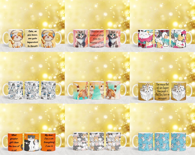 K&ouml;nnte beinhalten: Set mit 10 bunten Keramikbechern mit Katzenillustrationen und Text. Die Becher zeigen verschiedene Katzendesigns, darunter eine Katze mit Krone, eine Katze mit Herz und eine Katze mit Fisch. Der Text auf den Bechern enth&auml;lt Zitate &uuml;ber Katzen, wie "Katzen sind, wie Sie wissen, ziemlich unempf&auml;nglich f&uuml;r Bedrohungen" und "Was gibt es Sch&ouml;neres als die Liebe einer Katze".