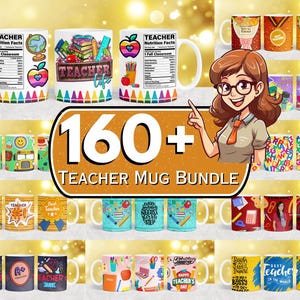 Paquete de más de 160 diseños de envolturas para tazas para maestros, diseños de sublimación para tazas de 11 oz y 15 oz, envolturas para tazas de agradecimiento para maestros, tazas de vida de maestros, tazas PNG para maestros