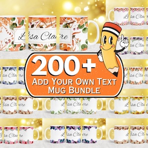 Op de afbeelding: Een verzameling van meer dan 200 witte keramische mokken met bloemenmotieven en de tekst "Lisa Claire". De mokken zijn in rijen gerangschikt en kunnen worden gepersonaliseerd met uw eigen tekst.