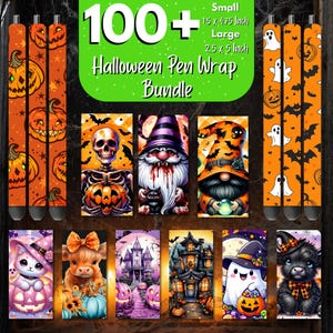 Op de afbeelding: Een Halloween-thema pen wrap bundel met verschillende ontwerpen. De ontwerpen omvatten pompoenen, geesten, vleermuizen, een skelet, kabouters, een kat, een koe, een spookhuis en een zwarte hond. De tekst op de afbeelding luidt "100+ Halloween Pen Wrap Bundle".