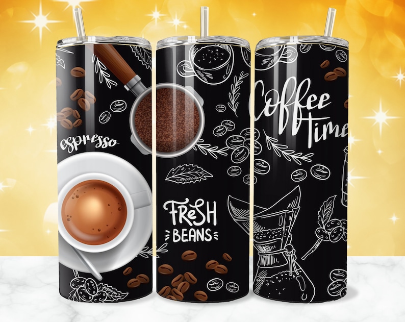 May include: Three black stainless steel tumblers with white coffee-themed designs. The designs include coffee beans, coffee cups, and the words "espresso", "fresh beans", and "coffee time".