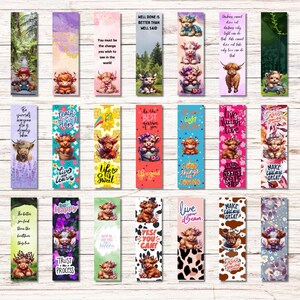 May include: A set of 24 colourful bookmarks featuring Highland Cow illustrations and inspirational quotes. Each bookmark has a different design with a variety of colours and patterns. The quotes include "Be the best version of you", "Live your dream", "Make today great", and "Never stop learning".