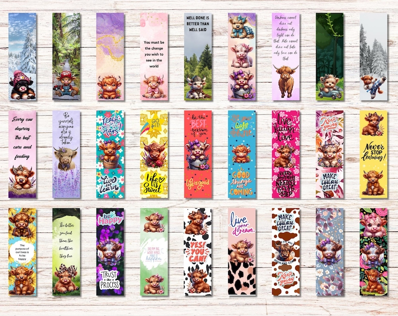 May include: A set of 24 colourful bookmarks featuring Highland Cow illustrations and inspirational quotes. Each bookmark has a different design with a variety of colours and patterns. The quotes include "Be the best version of you", "Live your dream", "Make today great", and "Never stop learning".