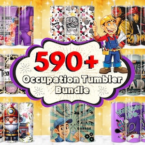 May include: A collection of 590+ tumbler designs featuring various occupations. The tumblers are in a variety of colors and designs, including a nurse, a teacher, a firefighter, a mechanic, and a construction worker. The tumblers are all stainless steel and have a double-walled design to keep drinks cold or hot.