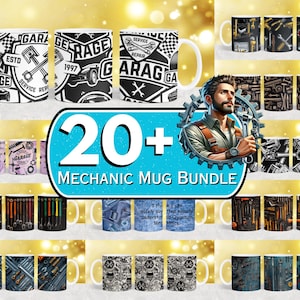 May include: A set of 20+ mechanic themed coffee mugs. The mugs feature various designs including tools, wrenches, and the words "Garage" and "Service Repair".