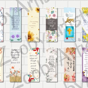 May include: Twelve colorful bookmarks with floral designs and inspirational Bible verses. Each bookmark features a different verse and floral pattern, including sunflowers, roses, and lilies.