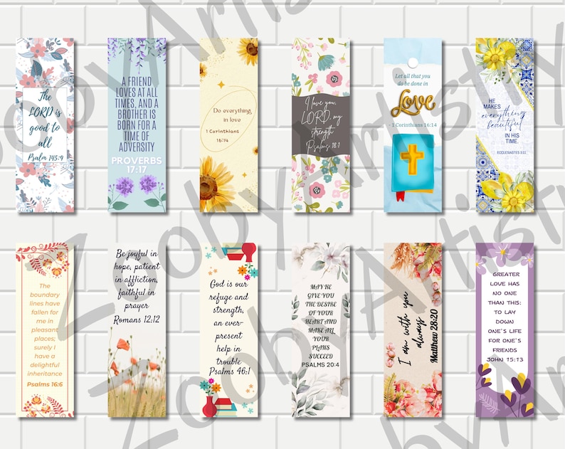 May include: Twelve colorful bookmarks with floral designs and inspirational Bible verses. Each bookmark features a different verse and floral pattern, including sunflowers, roses, and lilies.