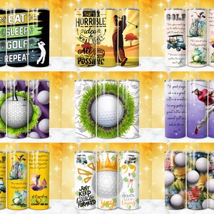May include: Set of 12 colourful stainless steel tumblers with various golf-themed designs. The designs include golf balls, golf carts, golfers, and inspirational quotes about golf.