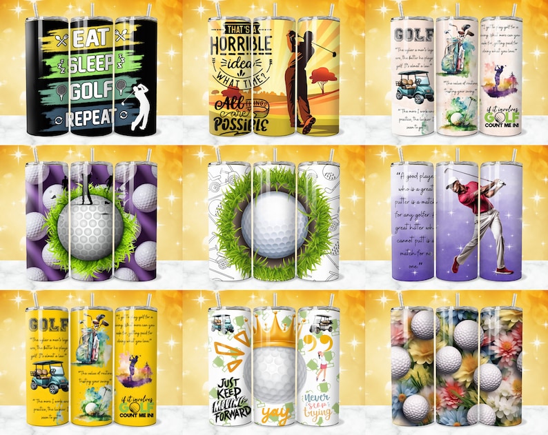 May include: Set of 12 colourful stainless steel tumblers with various golf-themed designs. The designs include golf balls, golf carts, golfers, and inspirational quotes about golf.