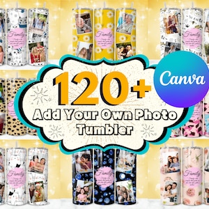 Op de afbeelding: Een collage van meer dan 120 verschillende ontwerpen voor personaliseerbare bekers. Elke beker heeft een verscheidenheid aan patronen en kleuren, waaronder bloemen, dierenprint en abstracte ontwerpen. De bekers zijn allemaal gepersonaliseerd met foto's, waardoor ze unieke en speciale geschenken zijn. De tekst "120+ Add Your Own Photo Tumbler" wordt in een groot lettertype op de afbeelding weergegeven.