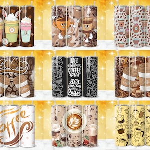 May include: Set of nine different coffee-themed tumbler designs. The tumblers feature various coffee-related illustrations, including coffee beans, coffee cups, and coffee-related text. The tumblers are all in a brown and white color scheme.