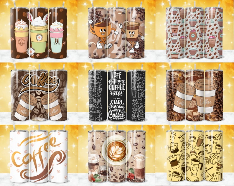 May include: Set of nine different coffee-themed tumbler designs. The tumblers feature various coffee-related illustrations, including coffee beans, coffee cups, and coffee-related text. The tumblers are all in a brown and white color scheme.