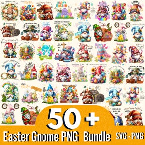 以下が含まれることがあります： 50種類以上のイースターのノームのPNG画像を含むデジタルダウンロードバンドル。ノームは、イースターをテーマにした装飾とテキストで、さまざまなポーズと設定で描かれています。テキストには、「ハッピーイースター」、「イエスは言った」、「主イエス・キリスト」などのフレーズが含まれています。