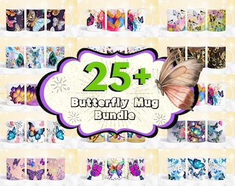 25 + Butterfly Mug Wrap Designs, 11oz & 15oz Mug Wrap Bundle, Floral Mug Sublimation, Butterfly Mug Designs, Coffee Mug Designs PNG