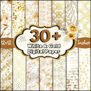 Puede incluir: Una colección de diseños de papel digital blanco y dorado. La imagen muestra varios patrones, incluyendo diseños florales, geométricos y abstractos. El texto en la imagen dice "30+ White & Gold Digital Paper" y "12x12 Inches" (aproximadamente 30,5 x 30,5 cm).