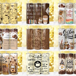 May include: Set of 10 colorful stainless steel tumblers with various coffee-themed designs. The designs include coffee beans, coffee cups, coffee quotes, and gnomes. The tumblers are perfect for coffee lovers.