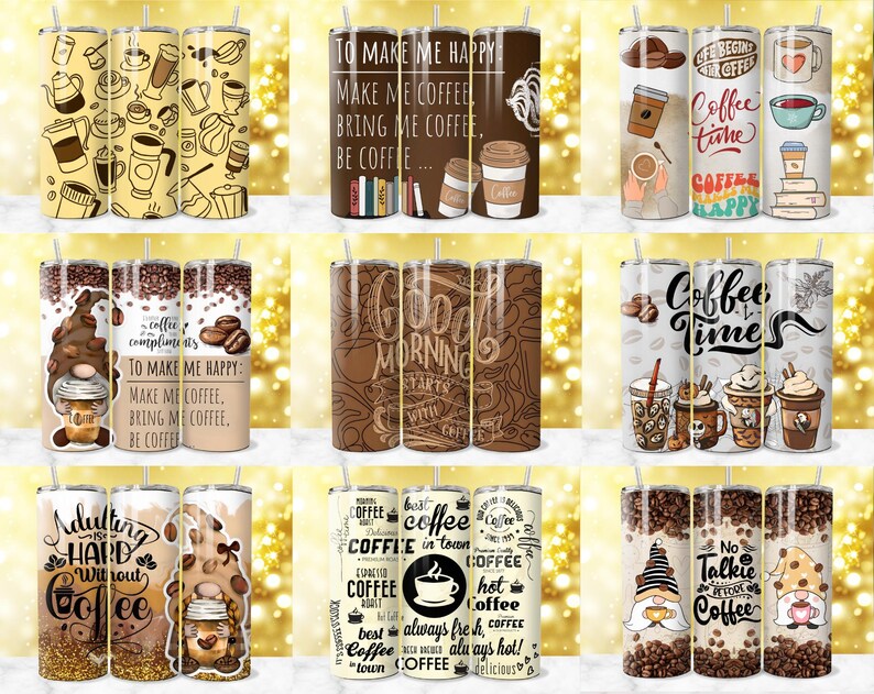 May include: Set of 10 colorful stainless steel tumblers with various coffee-themed designs. The designs include coffee beans, coffee cups, coffee quotes, and gnomes. The tumblers are perfect for coffee lovers.