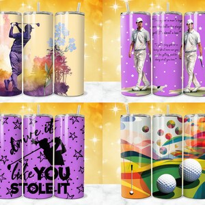 May include: Set of three stainless steel tumblers with various designs featuring golf-themed imagery. One tumbler features a golfer in a watercolour style, another has a golfer with a quote about golf, and the third has a golf course with golf balls.