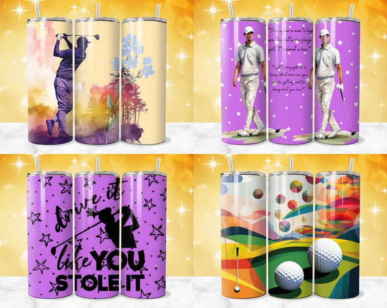 May include: Set of three stainless steel tumblers with various designs featuring golf-themed imagery. One tumbler features a golfer in a watercolour style, another has a golfer with a quote about golf, and the third has a golf course with golf balls.