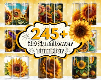May include: A collection of 245+ 3D sunflower tumbler designs. The tumblers feature various sunflower patterns, including single sunflowers, bouquets, and sunflower fields. The tumblers are perfect for adding a touch of nature to your home decor.