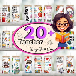 20 Teacher Glass Can Bundle, Best Teacher Ever Glass Can, 16oz Messy Bun Glass Cup, 16oz Teacher Coffee Cup, Teacher Life Sublimation Design