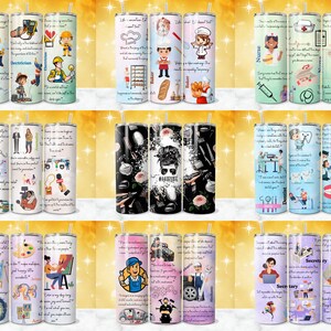 K&ouml;nnte beinhalten: Set aus 10 bunten Edelstahlbechern mit verschiedenen Berufen und Zitaten. Die Becher zeigen Illustrationen von einem B&auml;cker, einer Krankenschwester, einem Zahnarzt, einem Elektriker, einem Journalisten, einem K&uuml;nstler und einer Sekret&auml;rin. Jeder Becher hat ein Zitat &uuml;ber den Beruf.