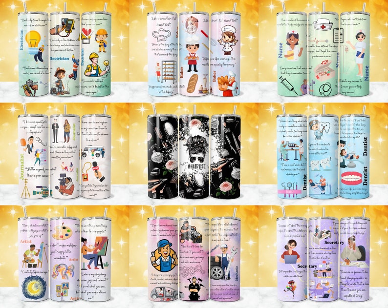K&ouml;nnte beinhalten: Set aus 10 bunten Edelstahlbechern mit verschiedenen Berufen und Zitaten. Die Becher zeigen Illustrationen von einem B&auml;cker, einer Krankenschwester, einem Zahnarzt, einem Elektriker, einem Journalisten, einem K&uuml;nstler und einer Sekret&auml;rin. Jeder Becher hat ein Zitat &uuml;ber den Beruf.