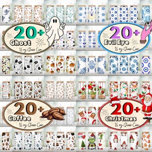 Peut inclure: Un collage de plus de 20 designs diff&eacute;rents pour des canettes en verre de 473 ml. Les designs incluent le caf&eacute;, No&euml;l, les fant&ocirc;mes et les mauvais yeux.